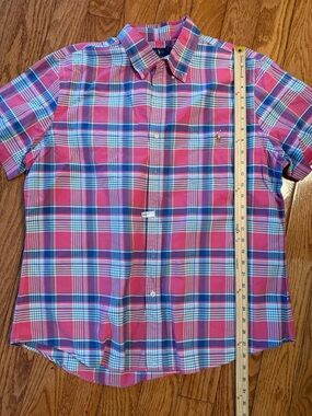 Ralph Lauren Shirt Mens XXL Pink Plaid SS Button OXFORD -Pony Slim Fit